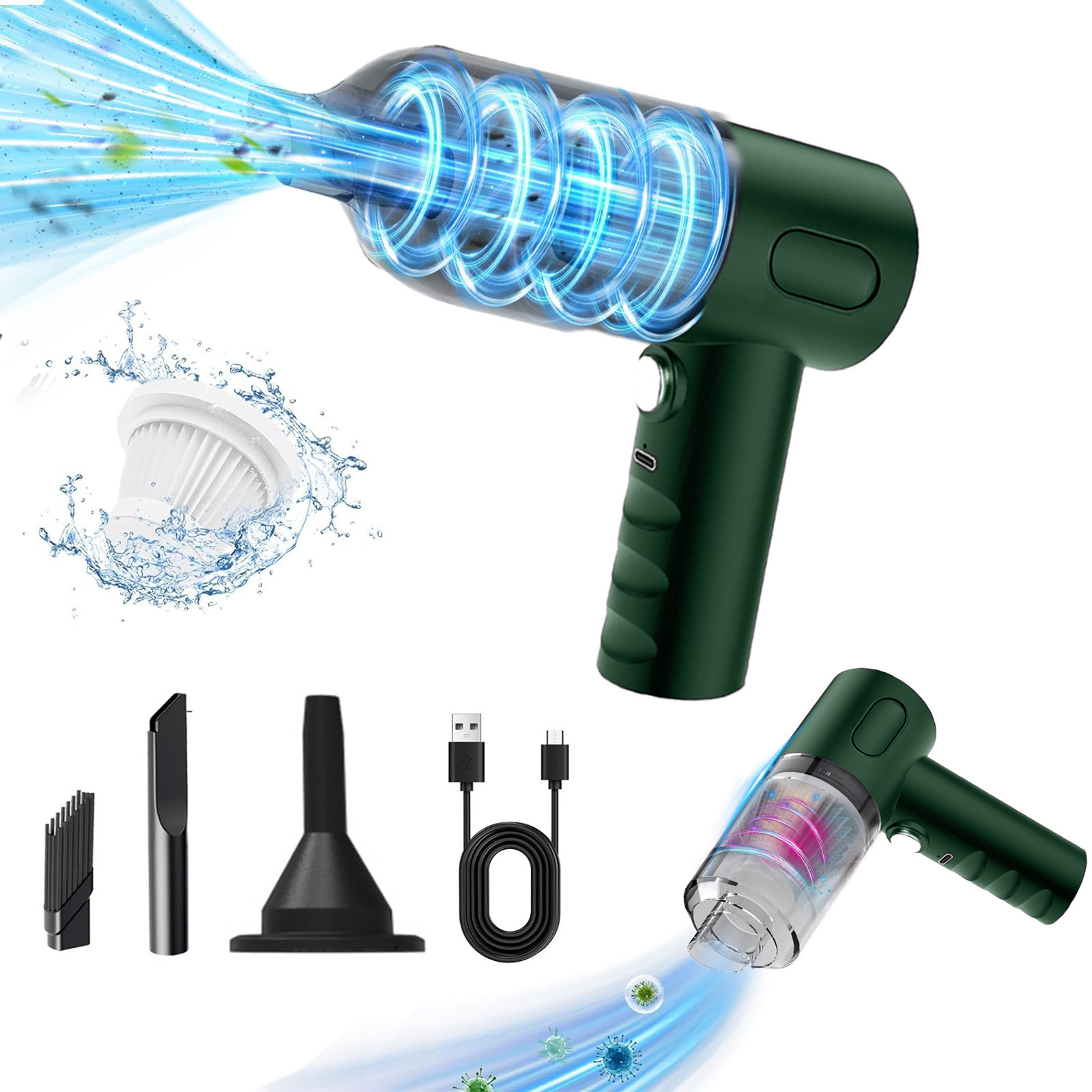 vankin 120W Handheld Car Vacuum Cleaner with USB Charging, Powerful Suction and Washable Filter for Quick and Efficient Cleaning in Green Clearance